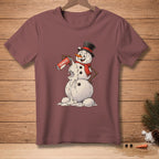 Snowman in top hat and scarf spraying whipped cream from a can labeled "SEAMLESS".