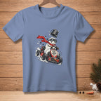 Snowman in go-kart wearing scarf and sunglasses, text "Born to Drive".