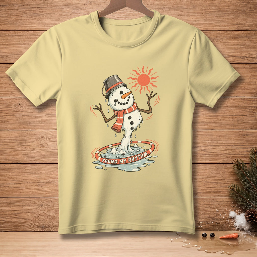Yellow t-shirt with melting snowman graphic that says "FOUND MY RHYTHM".