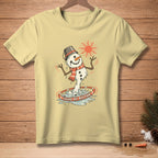 Yellow t-shirt with melting snowman graphic that says "FOUND MY RHYTHM".