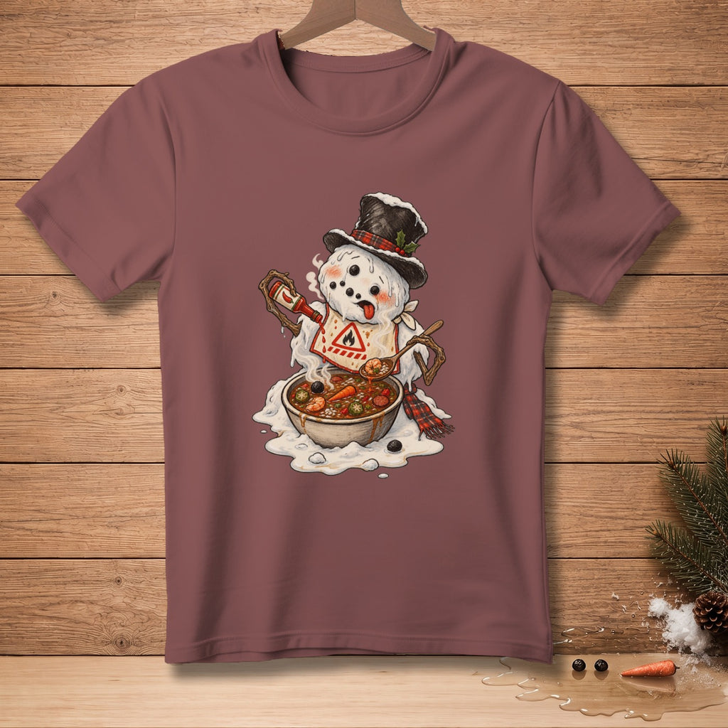 T-shirt with melting snowman wearing hat, apron, and scarf, eating chili.