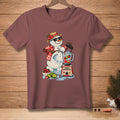 Snowman wearing sunglasses and Hawaiian shirt blending fruit with a blender that says "Fresh Ingredients."