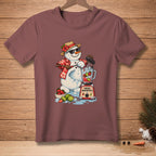 Snowman wearing sunglasses and Hawaiian shirt blending fruit with a blender that says "Fresh Ingredients."