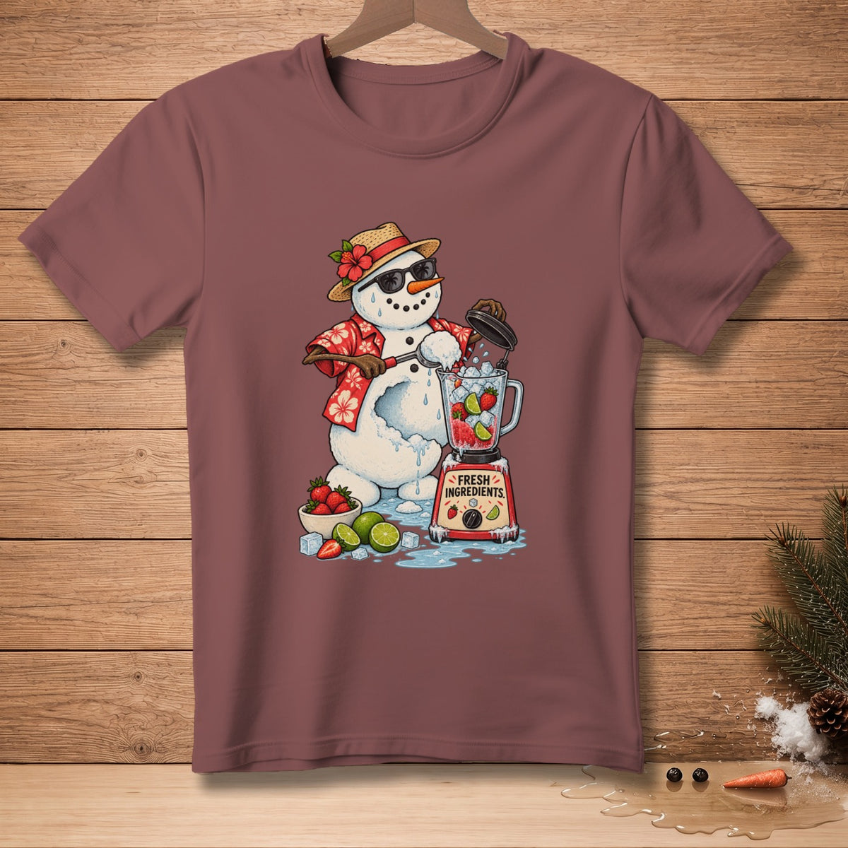 Snowman wearing sunglasses and Hawaiian shirt blending fruit with a blender that says "Fresh Ingredients."
