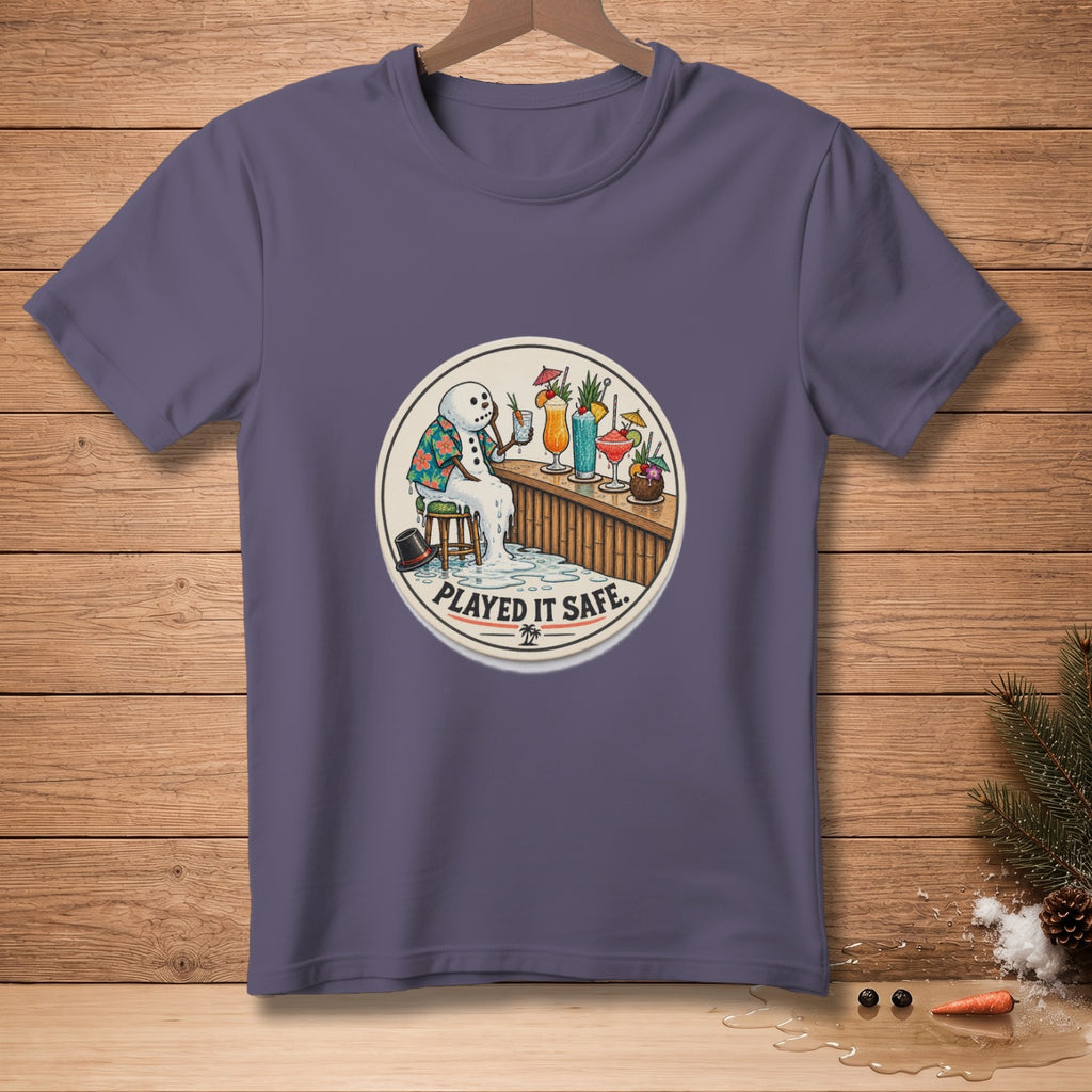 T-shirt with melting snowman at bar with cocktails and text "PLAYED IT SAFE."
