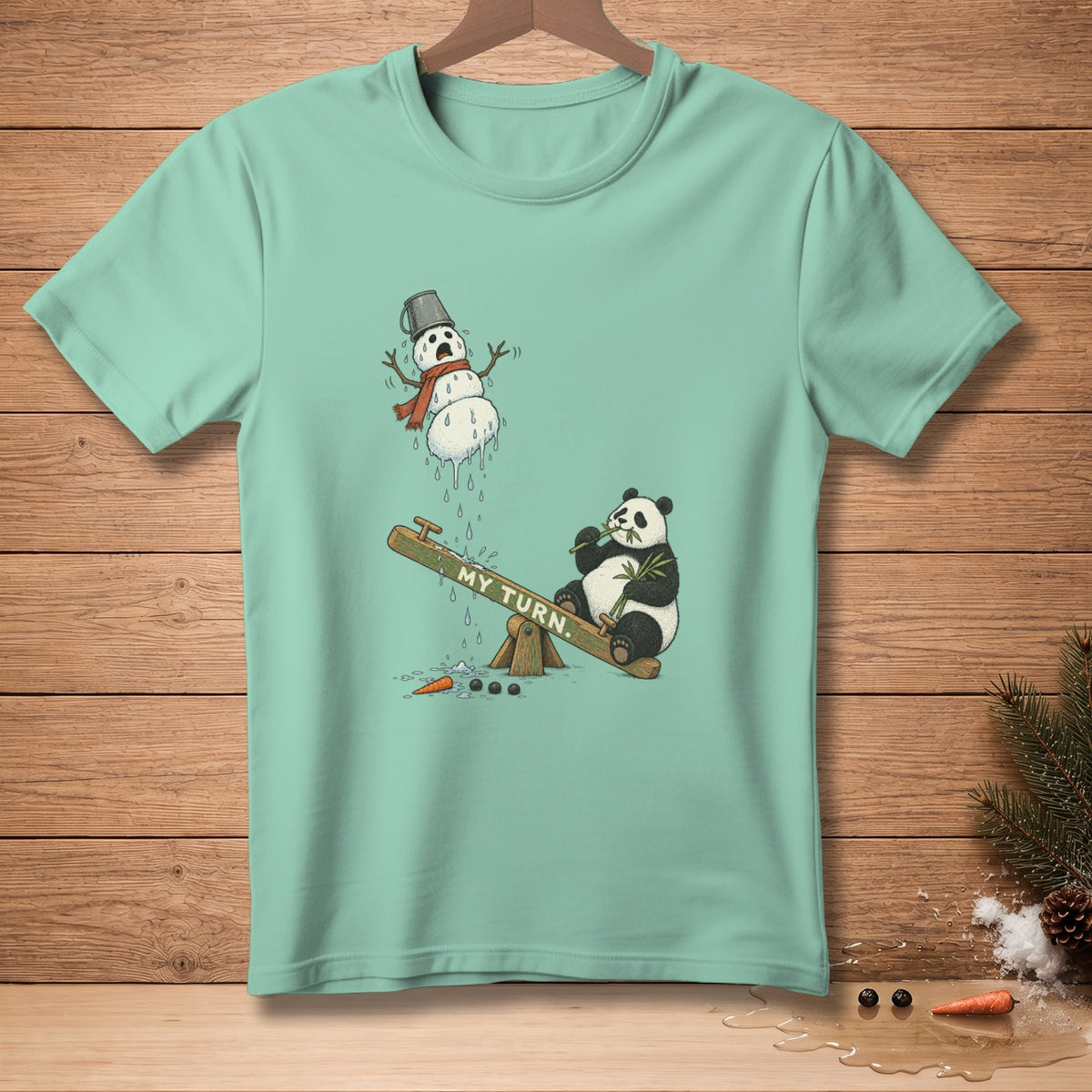 Melting snowman with bucket hat and scarf on seesaw, panda eats bamboo.