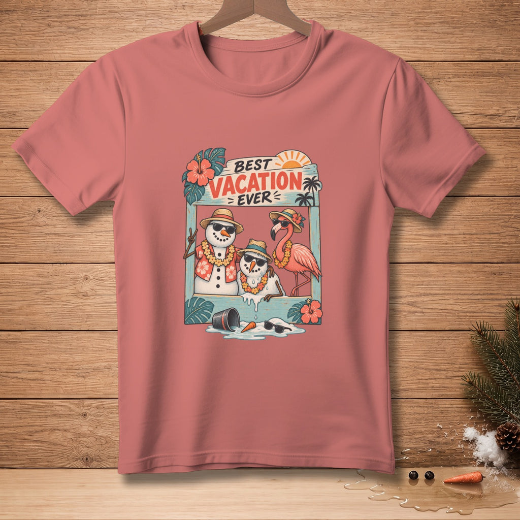 T-shirt graphic with snowmen and flamingo in vacation scene, says "BEST VACATION EVER".