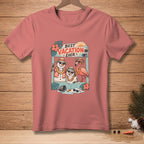 T-shirt graphic with snowmen and flamingo in vacation scene, says "BEST VACATION EVER".
