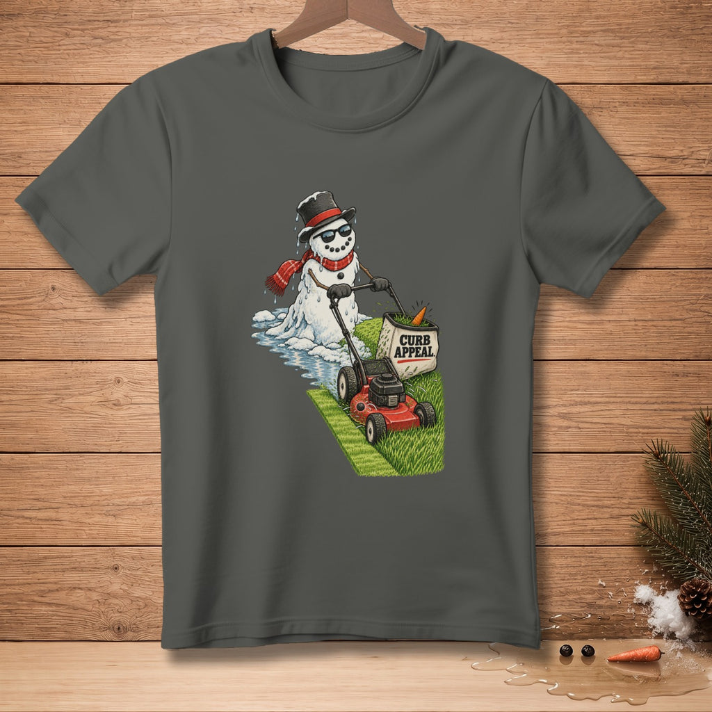 Melting snowman with sunglasses mowing grass, collecting carrots in a bucket labeled "Curb Appeal."