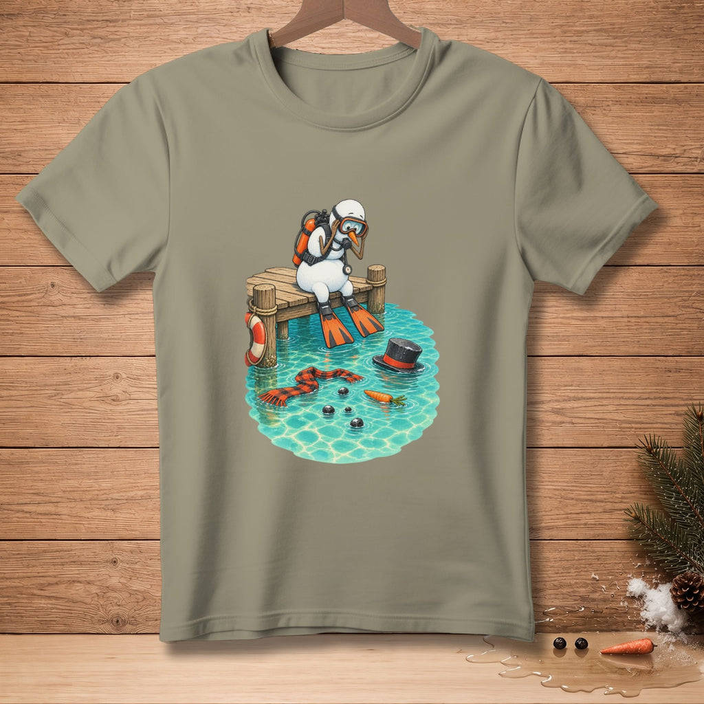 Snowman with scuba gear sits on a dock, scarf and hat floating in water.