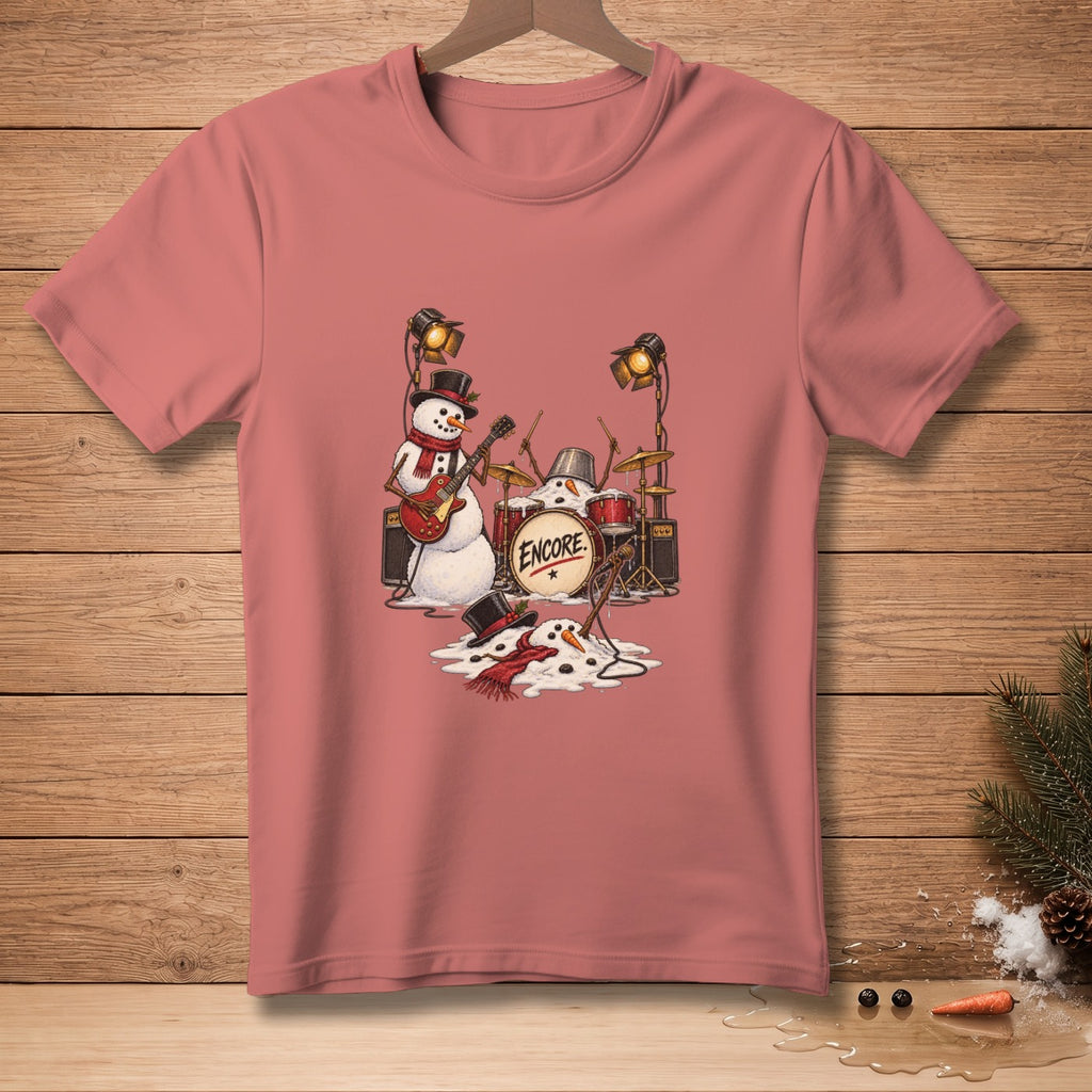 Snowmen playing instruments with "Encore" on the drum.