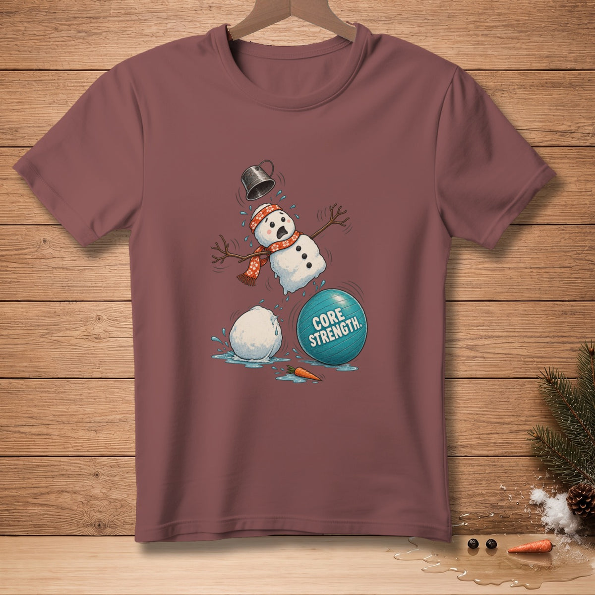 Funny snowman falling off exercise ball with "CORE STRENGTH" text.