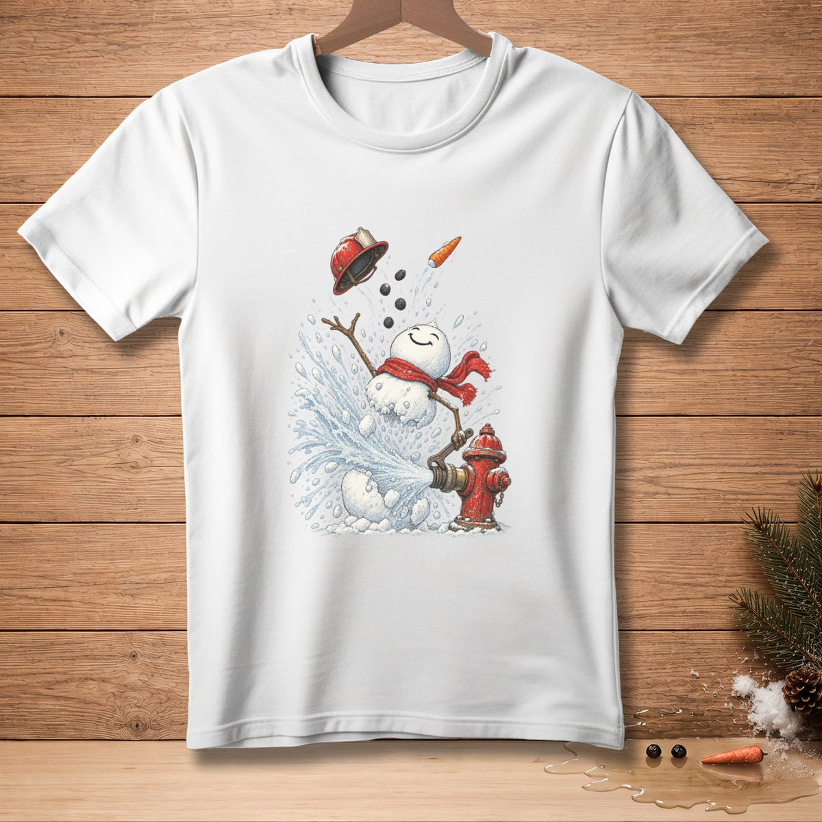 Snowman with red scarf and helmet sprayed by water from fire hydrant.