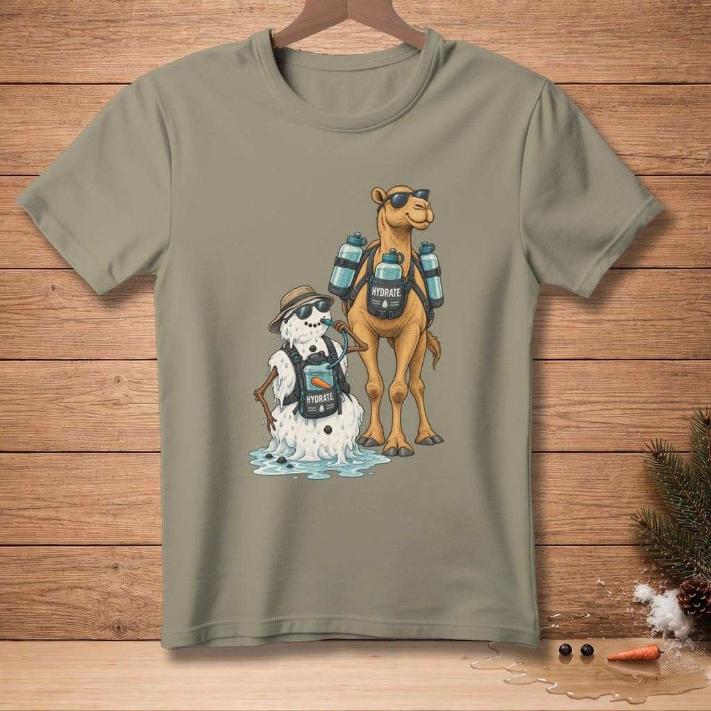 Camel and melting snowman with hydration packs on t-shirt graphic.