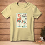 Flamingo and melting snowman cartoon with "GOOD FORM." text on a pale yellow t-shirt.