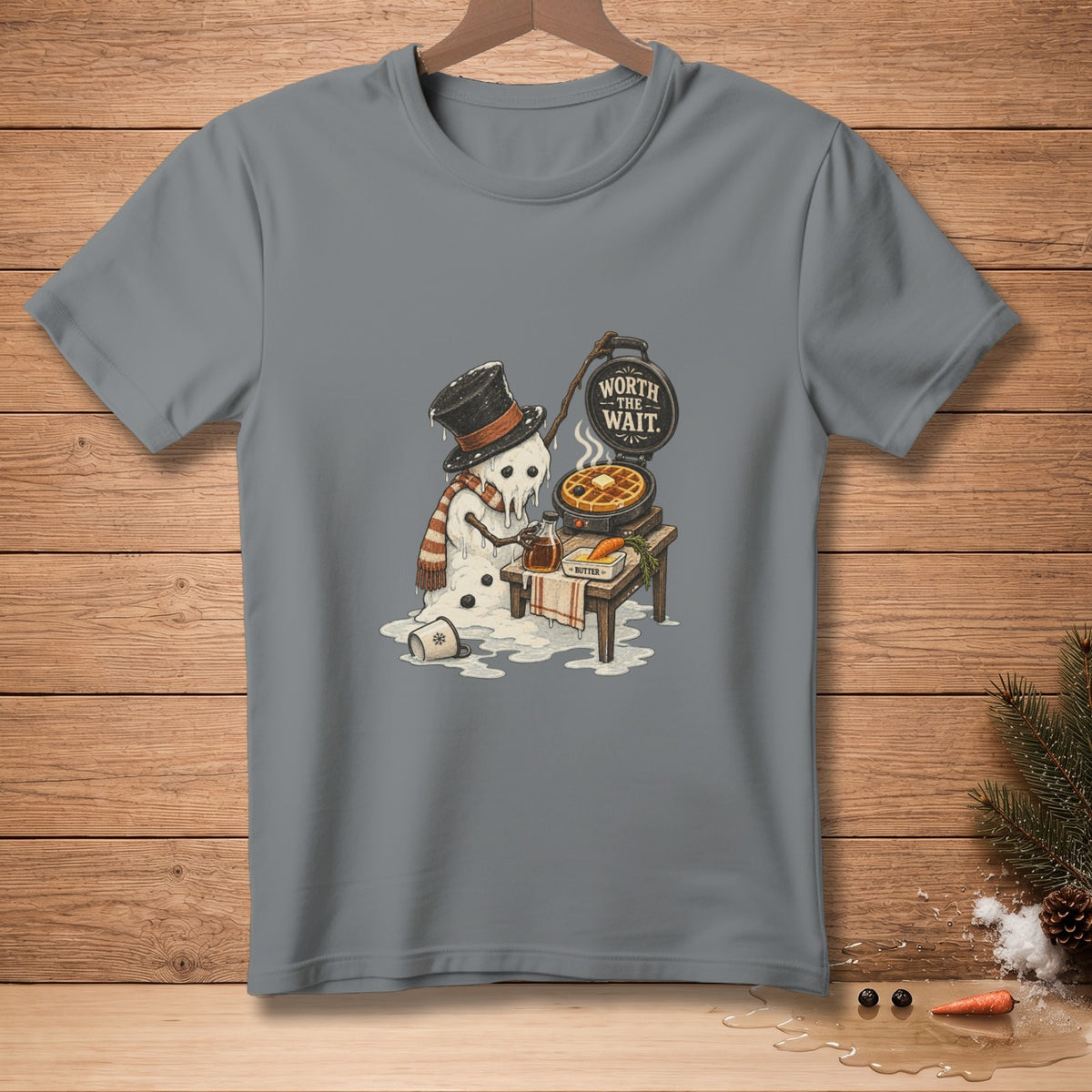 Melting snowman in top hat making waffles with text "WORTH THE WAIT."