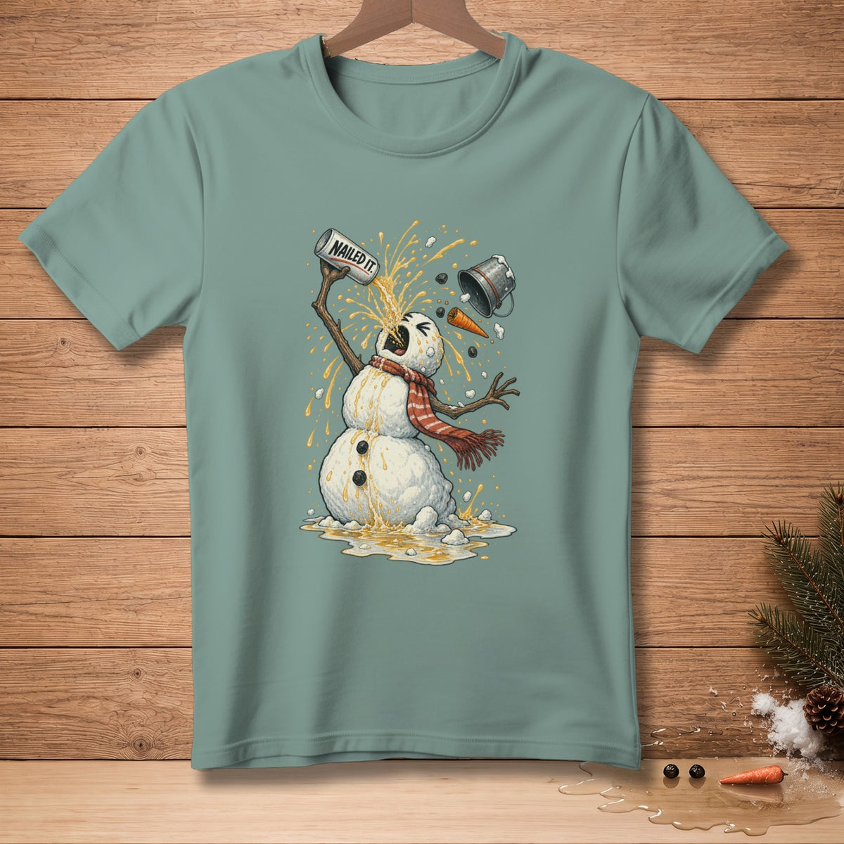 Cartoon snowman with scarf, holding a can labeled "NAILED IT.", splashing liquid.