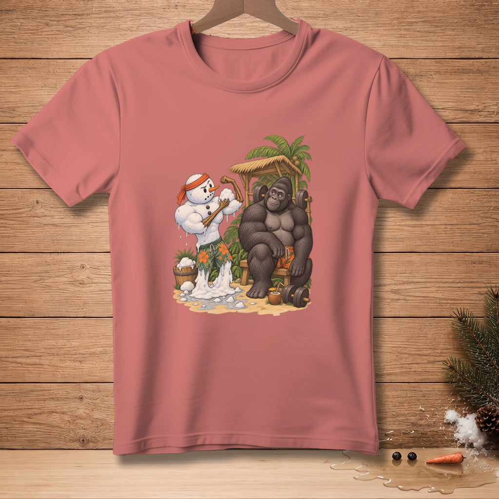 A muscular snowman and gorilla work out on a tropical beach under a thatched roof.