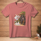 A muscular snowman and gorilla work out on a tropical beach under a thatched roof.