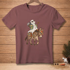 Snowman wearing sunglasses and a floral shirt rides a donkey.