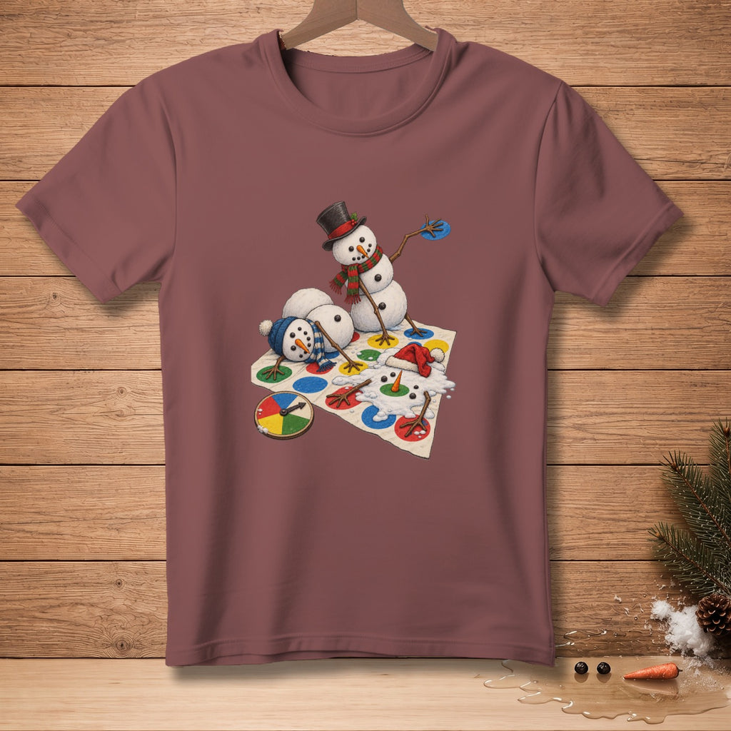 Snowmen playing Twister on a maroon t-shirt.