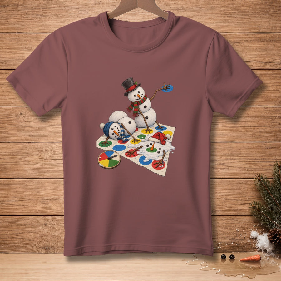 Snowmen playing Twister on a maroon t-shirt.