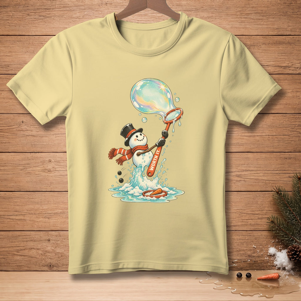 Snowman blowing a bubble with "Worth It" written on the wand.