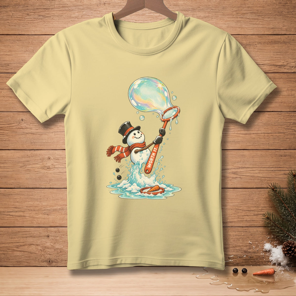 Snowman blowing a bubble with "Worth It" written on the wand.