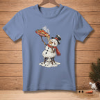 Blue t-shirt with melting snowman eating pizza with text "HOT & READY".