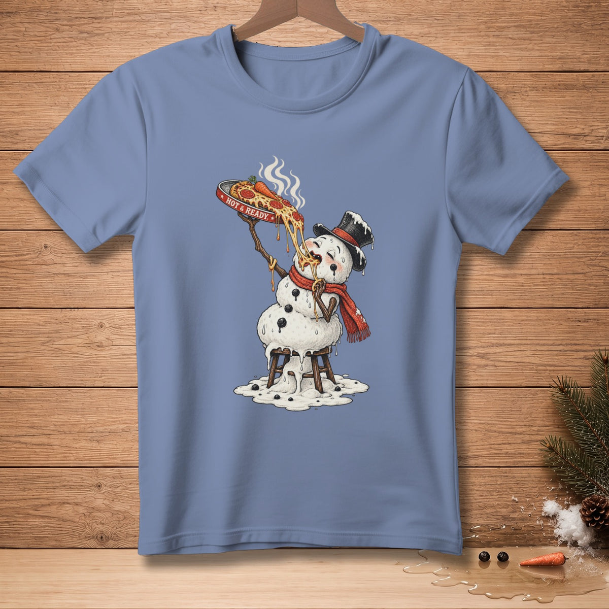 Blue t-shirt with melting snowman eating pizza with text "HOT & READY".