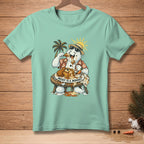 Snowman wearing sunglasses and Hawaiian shirt eats waffles and fried chicken, text "Messy Is A Mindset".