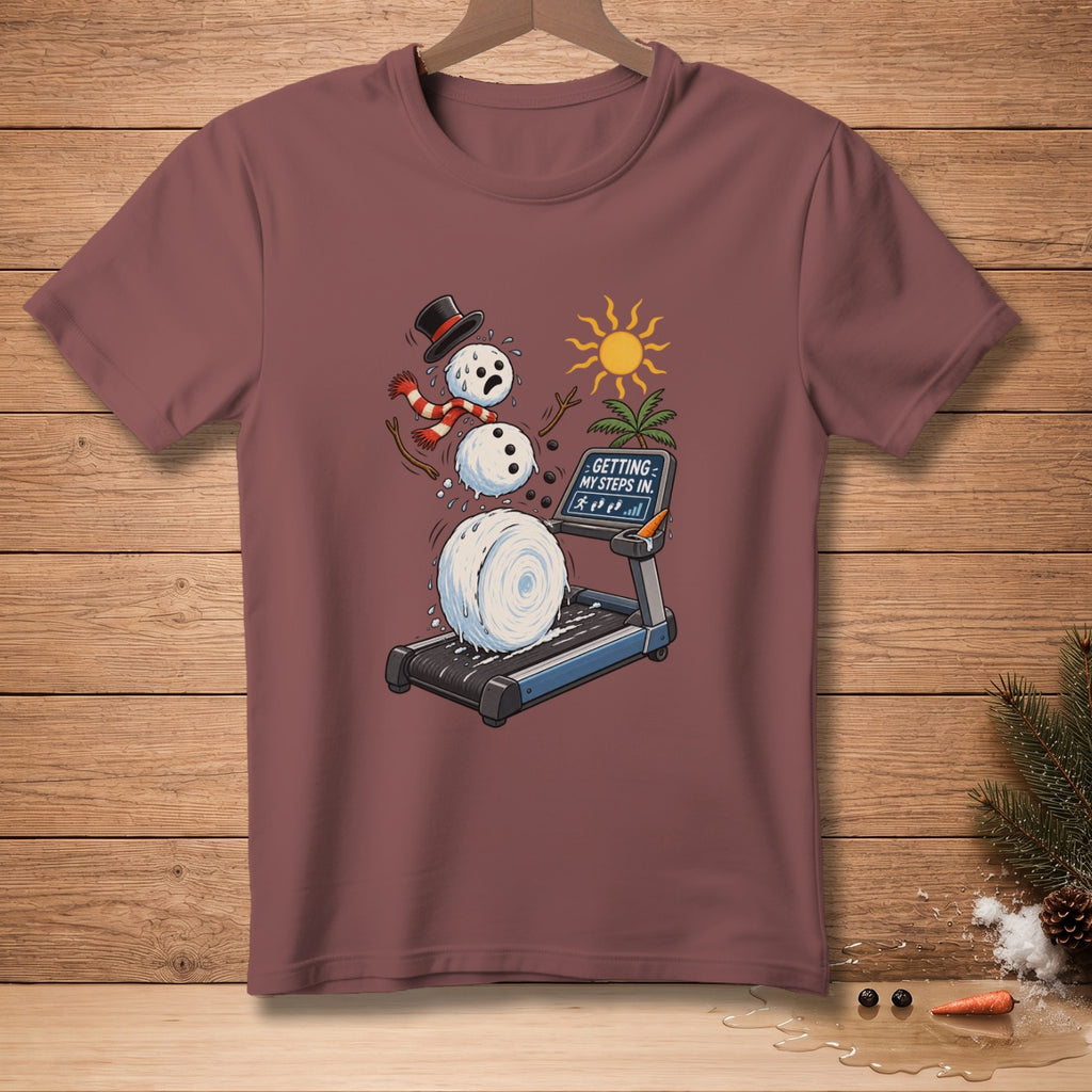 Snowman melting on treadmill, wearing hat and scarf, with text "GETTING MY STEPS IN."