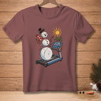Snowman melting on treadmill, wearing hat and scarf, with text "GETTING MY STEPS IN."