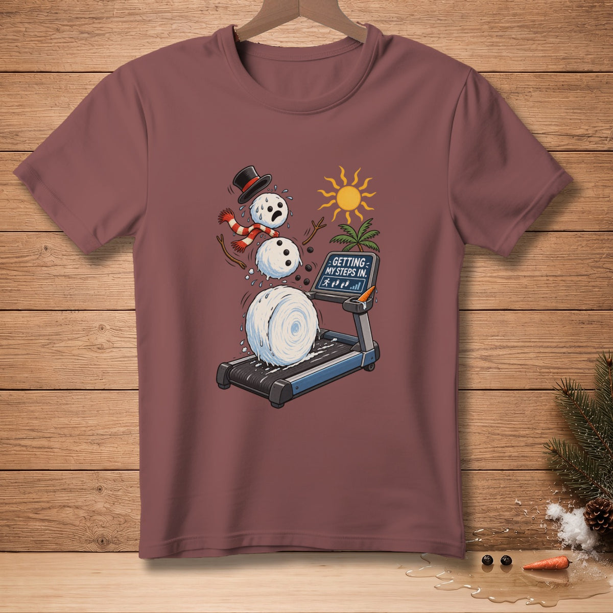 Snowman melting on treadmill, wearing hat and scarf, with text "GETTING MY STEPS IN."