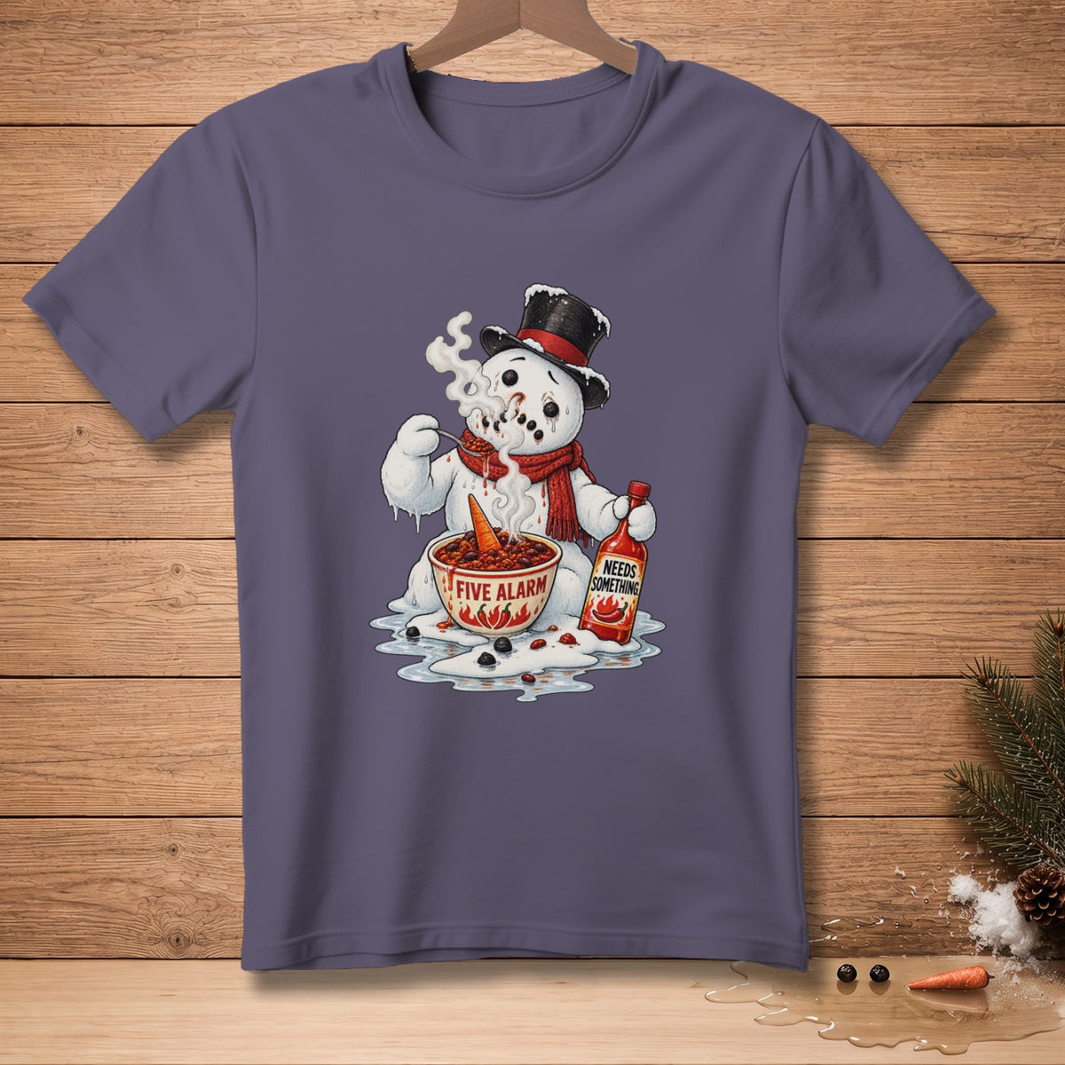 Snowman eating spicy chili with hot sauce, wearing a top hat and scarf.