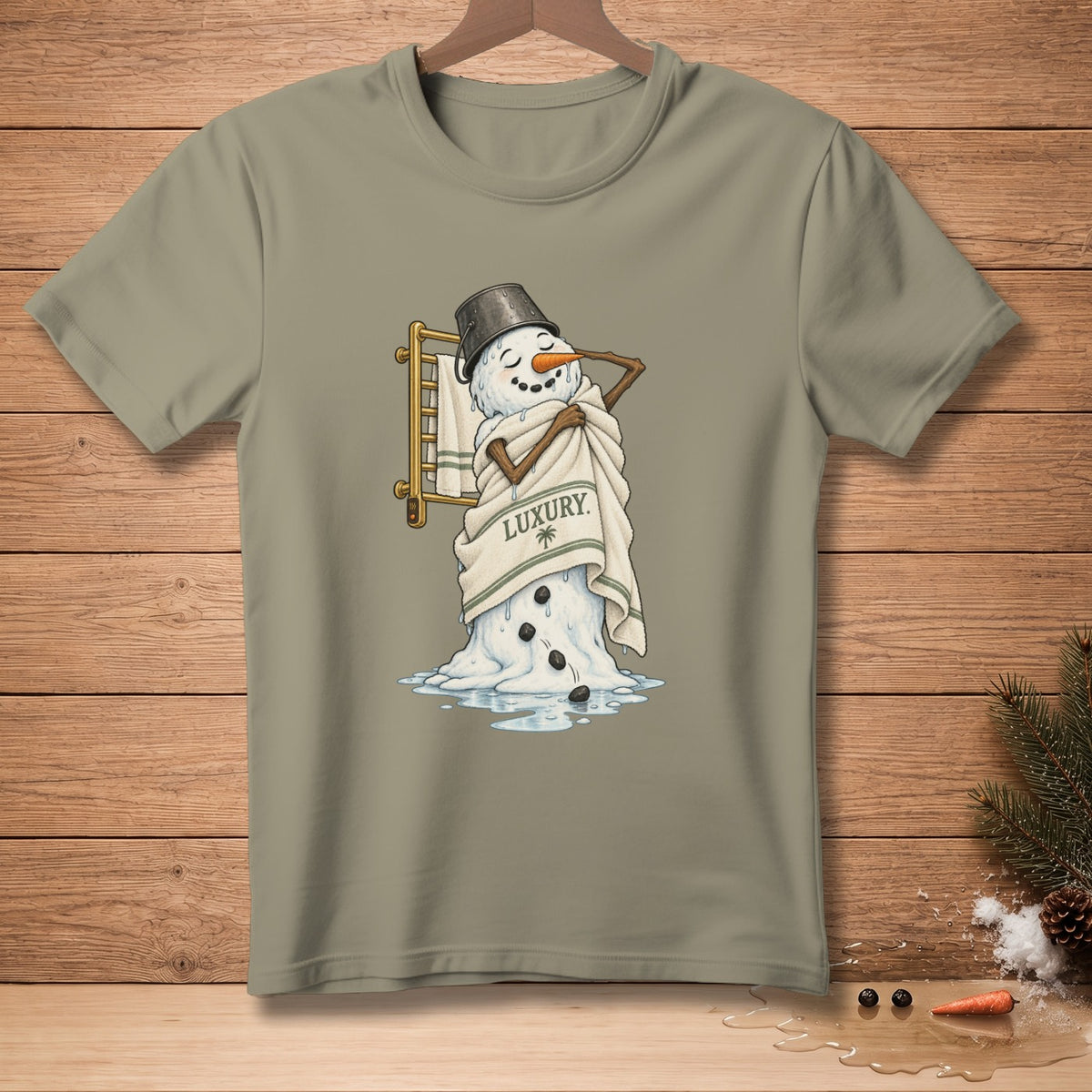 Snowman wrapped in towel with "LUXURY" text, melting on a heated rack.