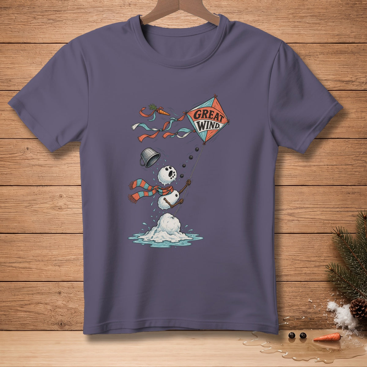T-shirt with a melting snowman flying a kite labeled "Great Wind".