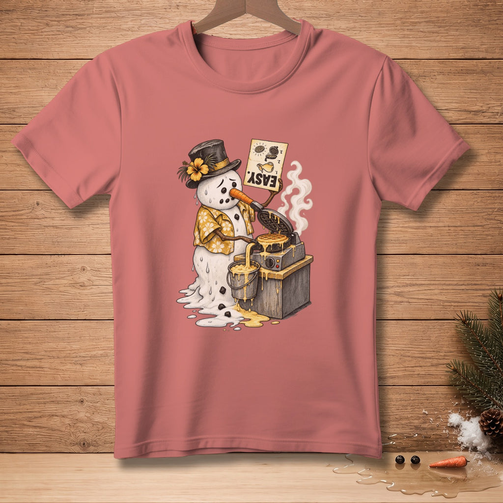 Melting snowman in Hawaiian shirt makes waffles with a sign that says EASY.