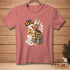 Melting snowman in Hawaiian shirt makes waffles with a sign that says EASY.