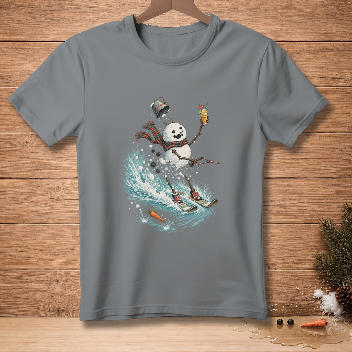 Gray t-shirt featuring a cartoon snowman skiing and holding a tropical drink.
