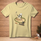 Snowman in sand trap, melting and playing golf, with "Beach Day" text.