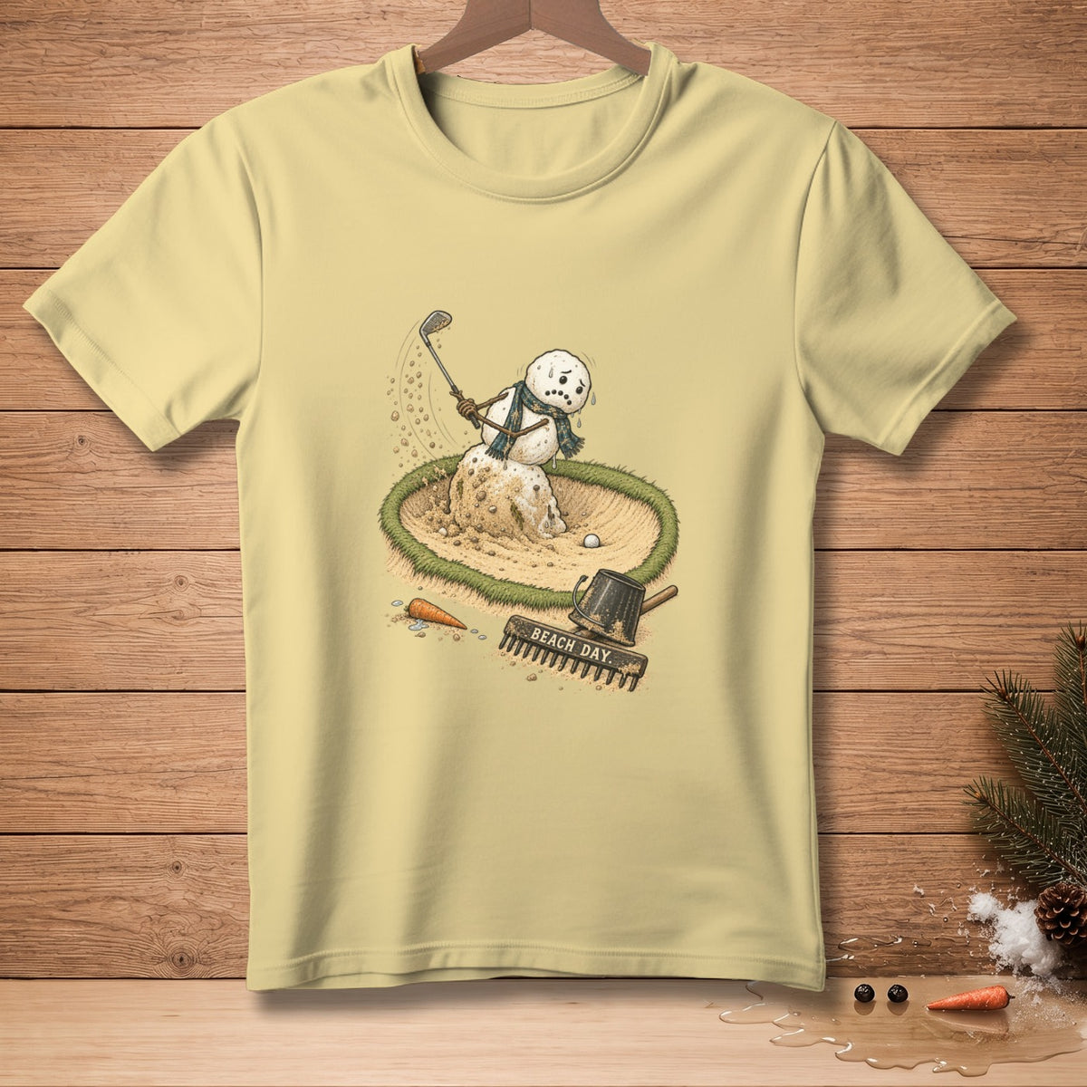 Snowman in sand trap, melting and playing golf, with "Beach Day" text.
