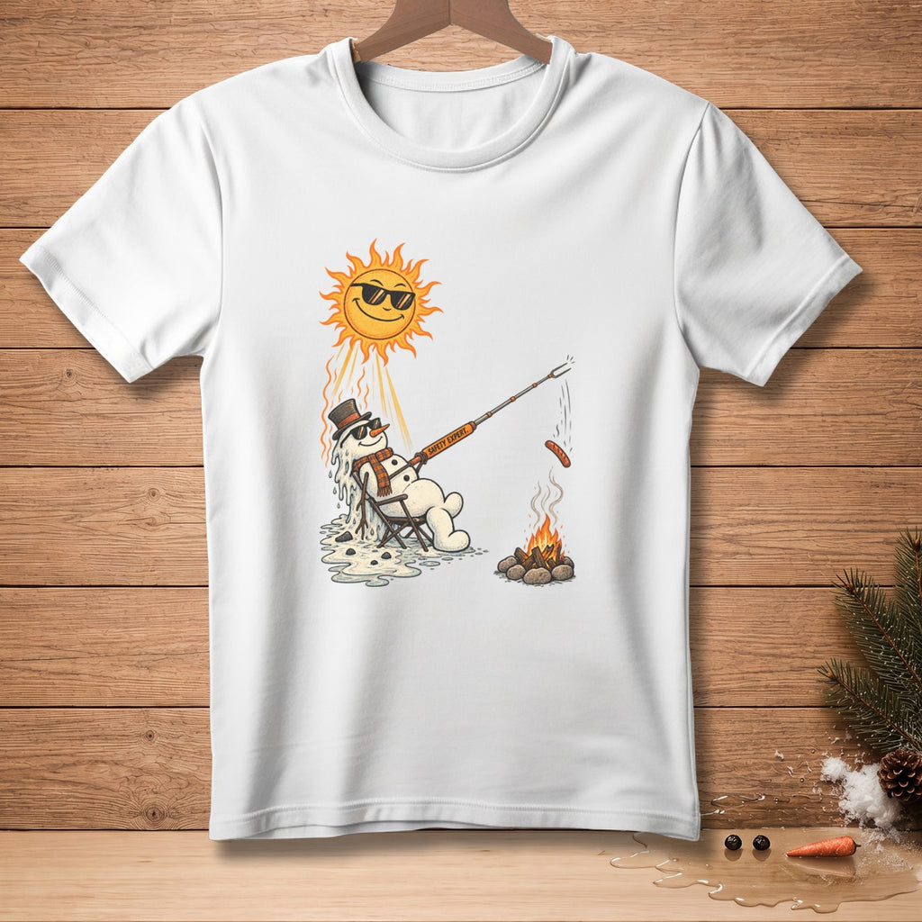 Cartoon snowman melting under sun, grilling sausage with "safety expert" tongs.