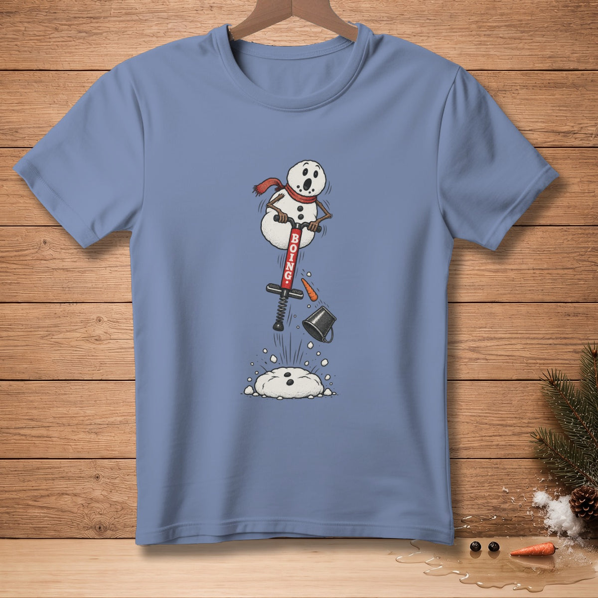 Snowman with a red scarf bouncing on a pogo stick with "BOING!" text.