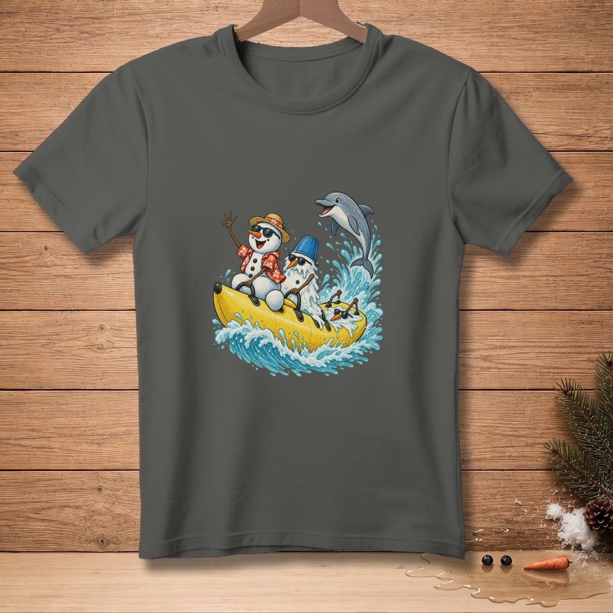 Three snowmen wearing sunglasses and Hawaiian shirts ride a yellow banana boat with a dolphin jumping nearby.
