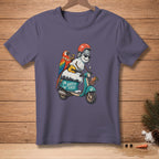 Snowman on a scooter with a parrot, wearing a helmet and sunglasses, text "SAFETY FIRST".