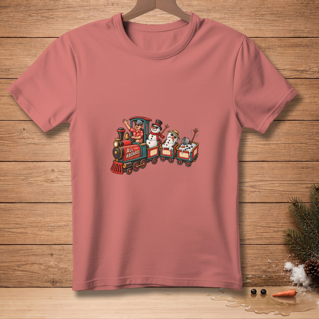 T-shirt with a Christmas train graphic featuring a man and snowmen, reading "All Aboard."