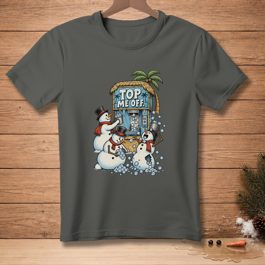 Snowmen getting ice from a dispenser under a tropical hut with "TOP ME OFF" text.