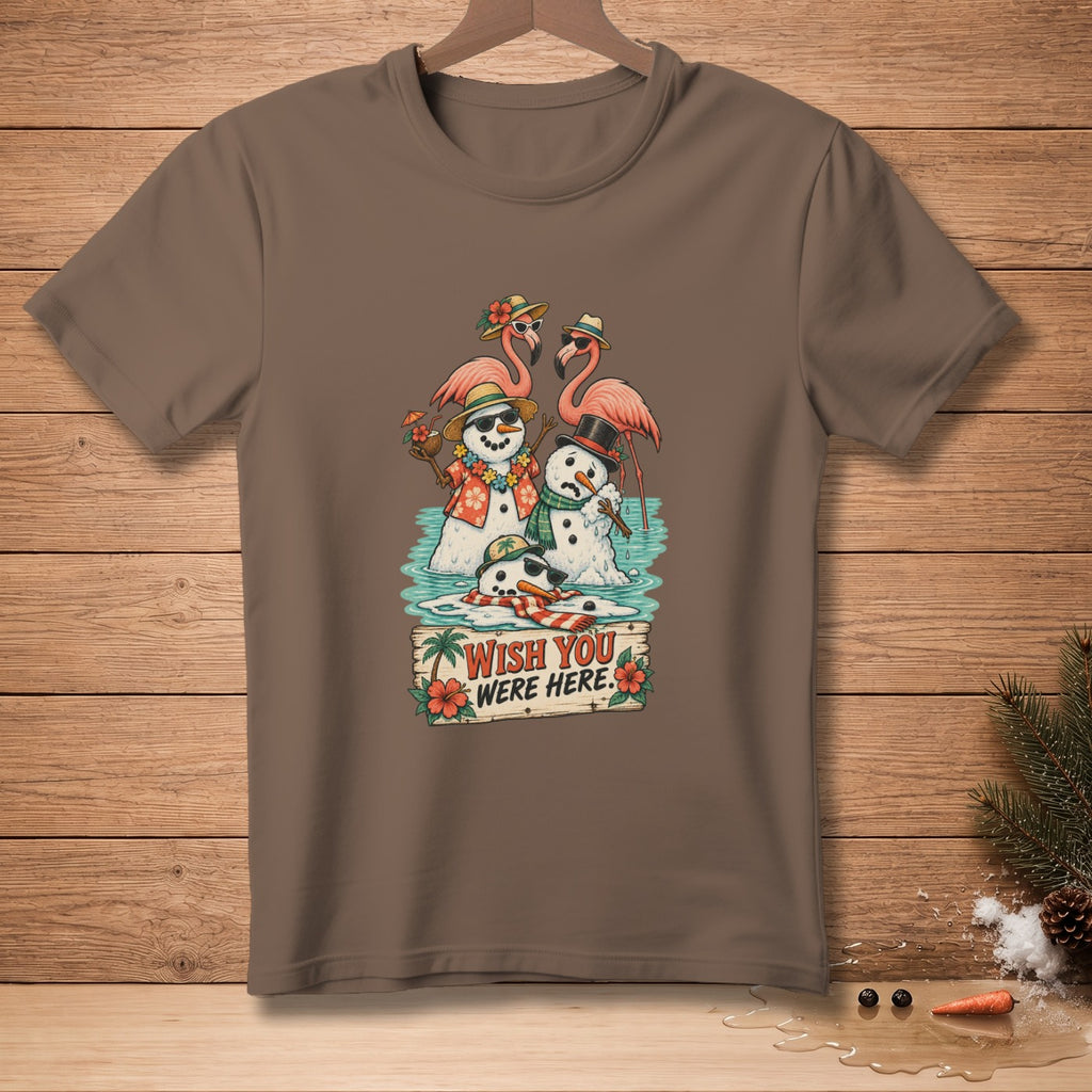 Snowmen and flamingos in water with a "Wish You Were Here" sign.