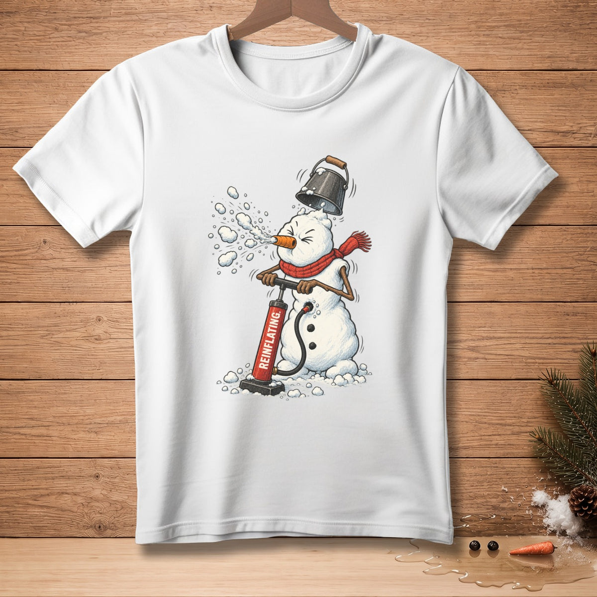 Snowman with bucket hat and scarf using pump labeled "REINFLATING."